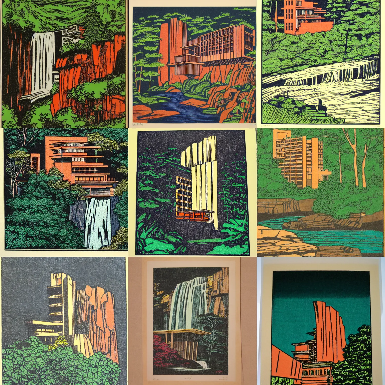 Image similar to master color woodblock print, fallingwater