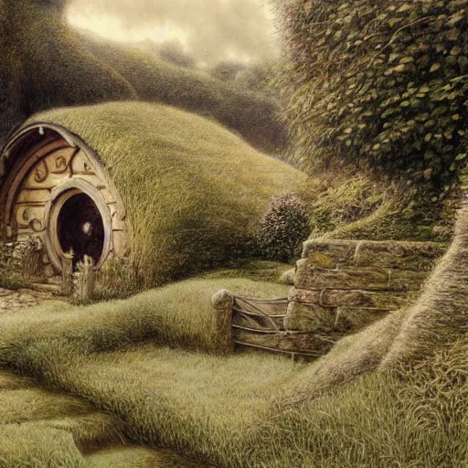 Image similar to beautiful serene hobbiton, by alan lee, lord of the rings, smooth, detailed terrain, pencil style, concept art, trending on art station.