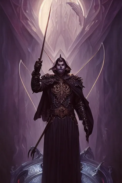 Image similar to dark fantasy, evil male magician with staff with powerfull crystall portrait, dark surrealist , fantasy, intricate, elegant, highly detailed, digital painting, artstation, concept art, smooth, sharp focus, illustration, art by artgerm and greg rutkowski and alphonse mucha