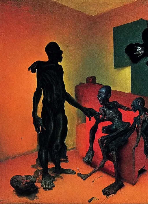 Prompt: two dark figures laughing and a black child inside a decayed contemporary living room with large tree in the style of Francis Bacon and Zdzislaw Beksinski, Edward Hopper and Norman Rockwell, highly detailed, very coherent, triadic color scheme