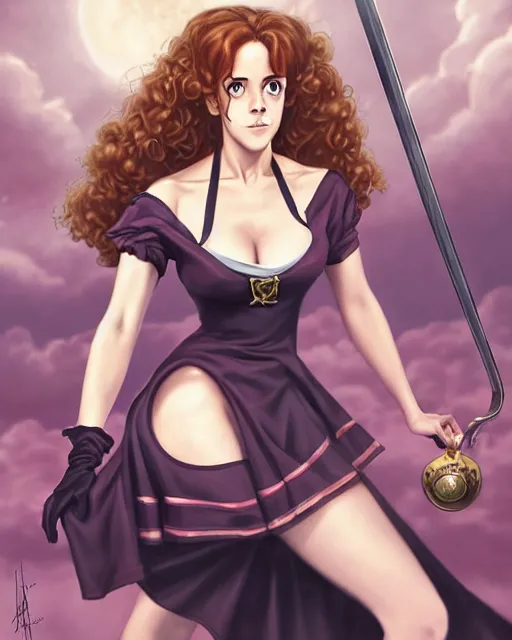 Image similar to pinup photo of hermione granger by emma watson in the crowded square of hogwarts, asuna by a - 1 pictures, by peter mohrbacher, gil elvgren, enoch bolles, glossy skin, pearlescent, anime, very coherent, sao style anime, flat