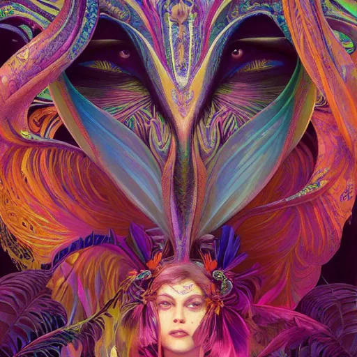 Image similar to A reality bending psychedelic ayahuasca experience, colorful, distorted, surreal, tropical bird feathers, dramatic lighting on the face, intricate, elegant, highly detailed, digital painting, concept art, smooth, sharp focus, illustration, art by Krenz Cushart and Wayne Barlowe and alphonse mucha