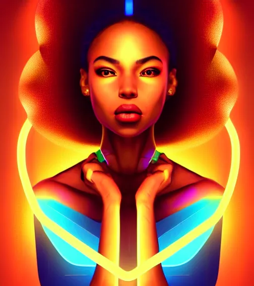 Image similar to symmetry!! latin princess of technology, solid cube of light, hard edges, product render retro - futuristic poster scifi, lasers and neon circuits, beautiful brown skin woman latin princess, intricate, elegant, highly detailed, digital painting, artstation, concept art, smooth, sharp focus, illustration, dreamlike, art by artgerm