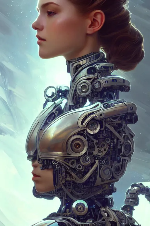 Image similar to beautiful female mechanical android!, half portrait, 3 / 4 pose, intricate detailed environment, photorealistic!, floro details, intricate, elegant, highly detailed, digital painting, artstation, concept art, smooth, sharp focus, illustration, art by artgerm and greg rutkowski and alphonse mucha