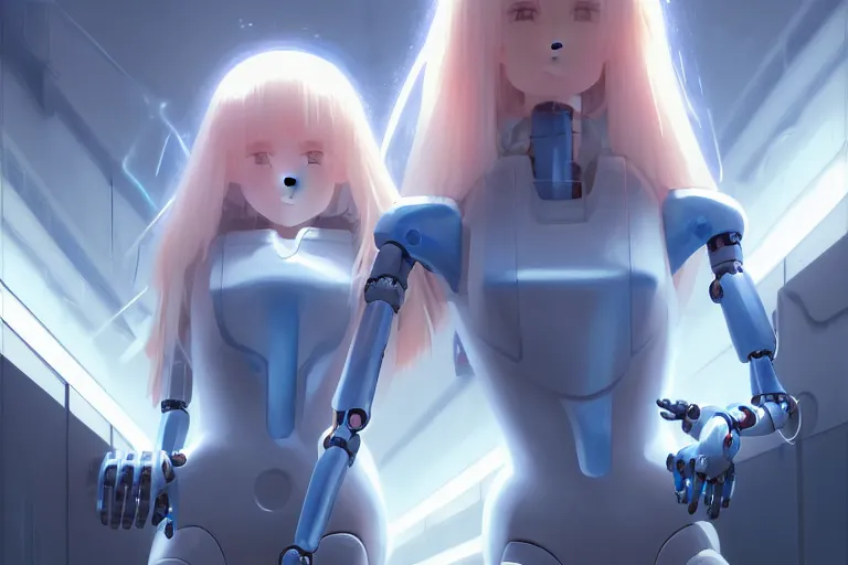 Image similar to datacenter room connects cables young robot server android baroque oil painting finely detailed perfect face flowing long fiberoptics blonde hair robot eyes blue. anime shinkai takeuchi key visual of character concept art metal female robot body suit pixiv fanbox, painted by greg rutkowski