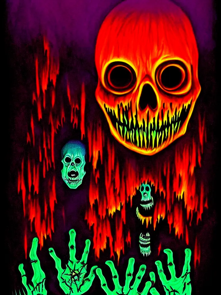 Prompt: Vibrant Colorful Horror Illustration by Tim Jacobus. Glowing , Spooky lighting , Pinterest