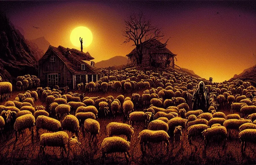 Prompt: horror artwork, a farm in the mountain, zombie sheep, at night, by michael whelan, dirty