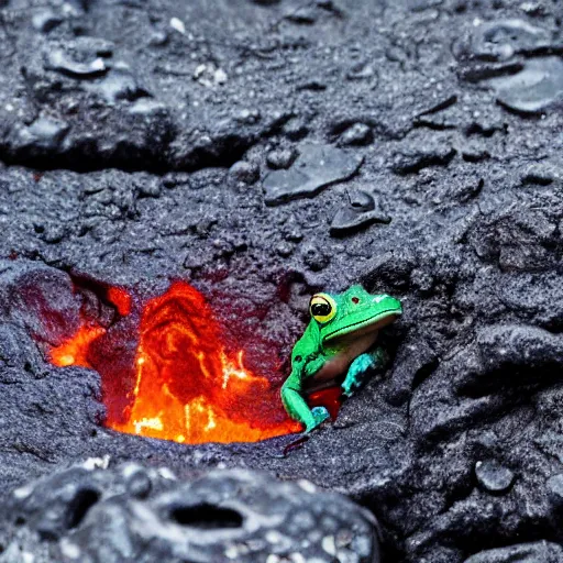 Image similar to frog screaming at an ocean of lava split in two