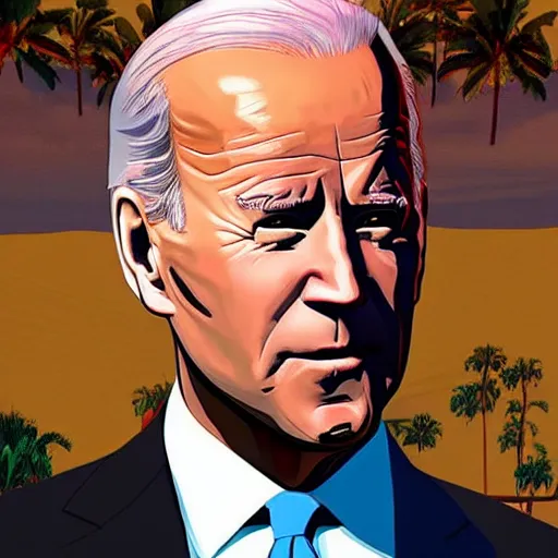 Image similar to Joe Biden in GTA V. Los Santos in the background, palm trees. In the art style of Stephen Bliss