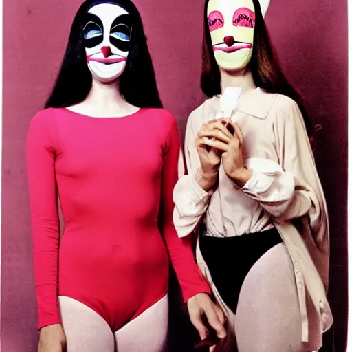 Prompt: 1970 twin women on tv show wearing a mask with a long prosthetic nose and nostril, wearing a leotard on the hillside 1970 color archival footage color film 16mm holding a hand puppet Fellini Almodovar John Waters Russ Meyer Doris Wishman