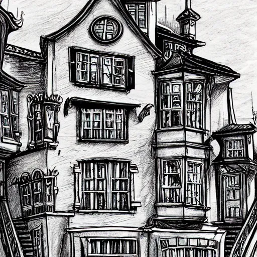Prompt: a drawing of a house with a lot of windows, concept art by dr seuss, pixiv, maximalism, concept art, official art, maximalist