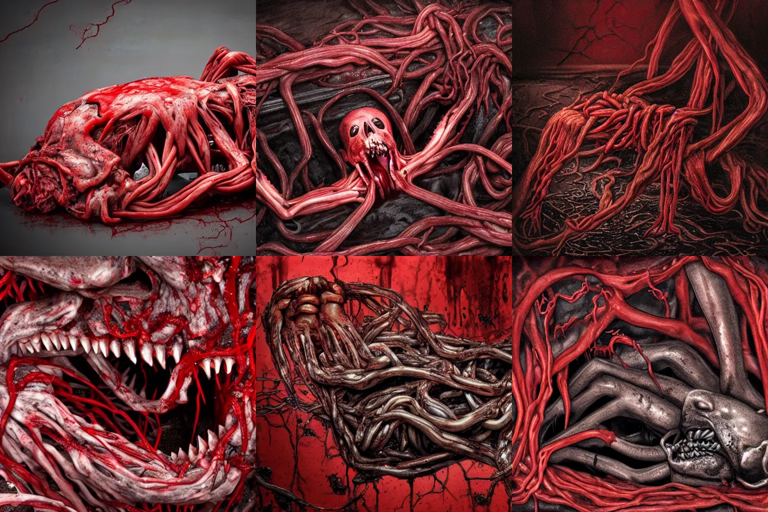 Prompt: a dark red gory structure of horror composed of intertwined decaying muscles, eyes, sharp teeth, and intestines lying in a pool of clotting blood, slimy, slowly engulfing its surroundings with twitching veins and bloody intestines, dark hazy room, unknowable and beyond comprehension, a high-quality photo, hyperrealistic, in color