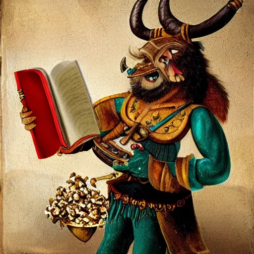 Image similar to a fantasy painting of a minotaur pirate captain with his popcorn machine and book of spells
