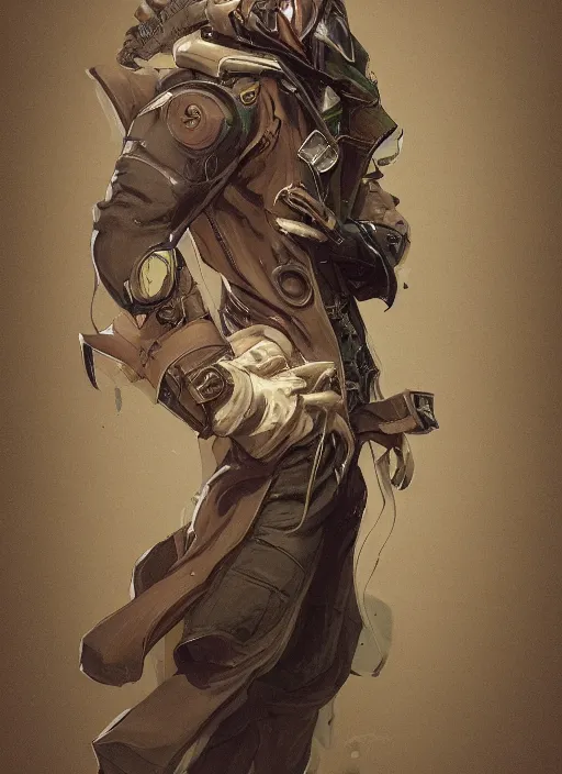 Image similar to a highly detailed illustration of thick wavy brown haired young white guy wearing brown detective trench coat and wearing dark green mask, with many long mechanical arms on his back, dramatic standing pose, intricate, elegant, highly detailed, centered, digital painting, artstation, concept art, smooth, sharp focus, league of legends concept art, WLOP