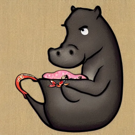 Prompt: teacup hippopotamus in a handbag