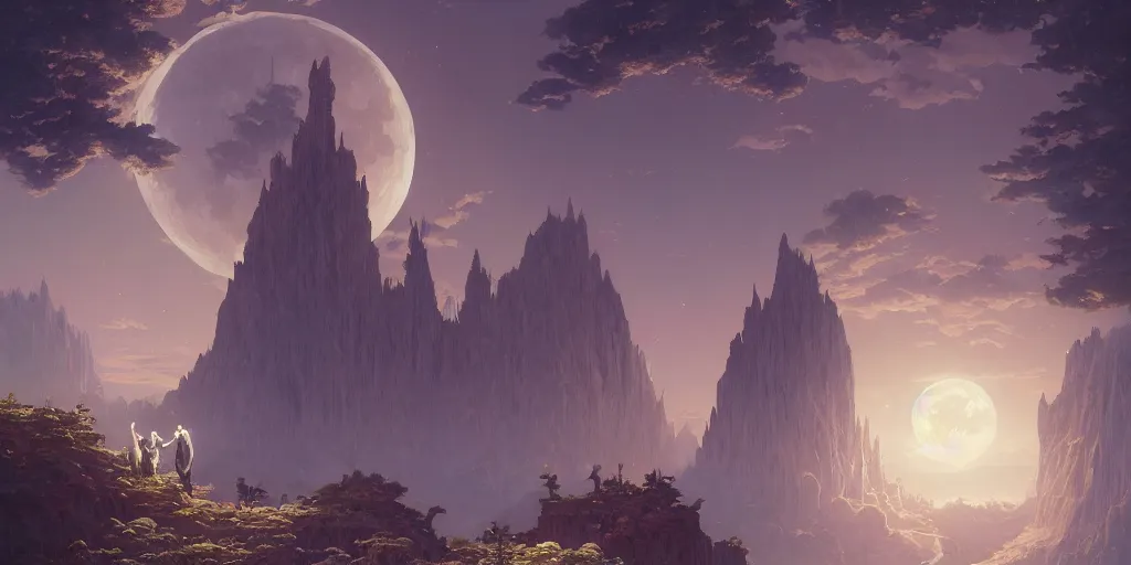 Image similar to highly detailed painting of the moon, unreal engine, fantasy art by greg rutkowski, loish, rhads, ferdinand knab, makoto shinkai and lois van baarle, ilya kuvshinov, rossdraws, tom bagshaw, alphonse mucha, global illumination, radiant light, detailed and intricate environment