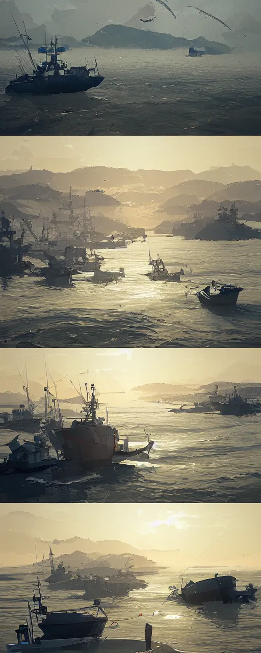 Prompt: fishing vessels in the bay, ismail inceoglu lowpoly