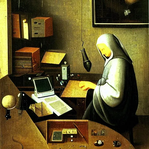 Prompt: a computer hacker working at his desk by hieronymus bosch, highly detailed, realistic