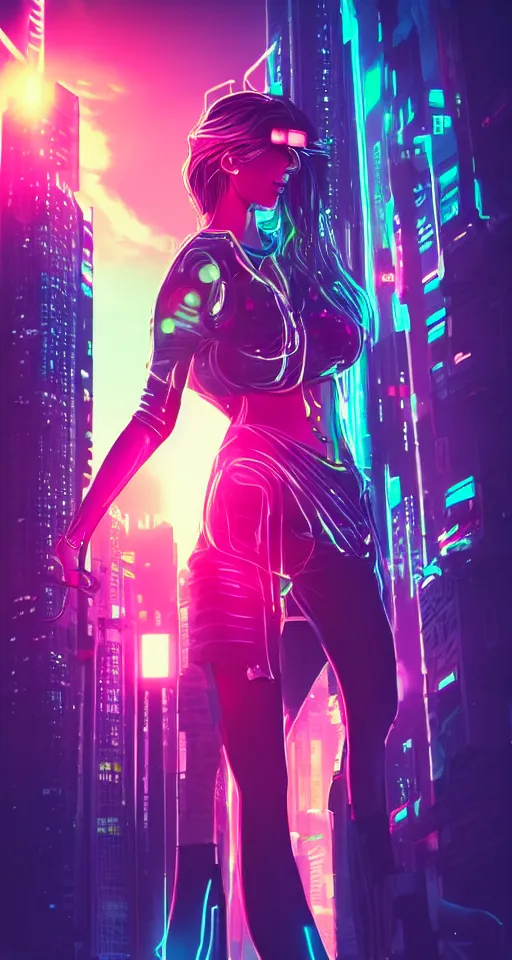 Prompt: high detailed cyberpunk women, city, neon lights, glow, sunset, atmospheric, cinematic, retrowave style,