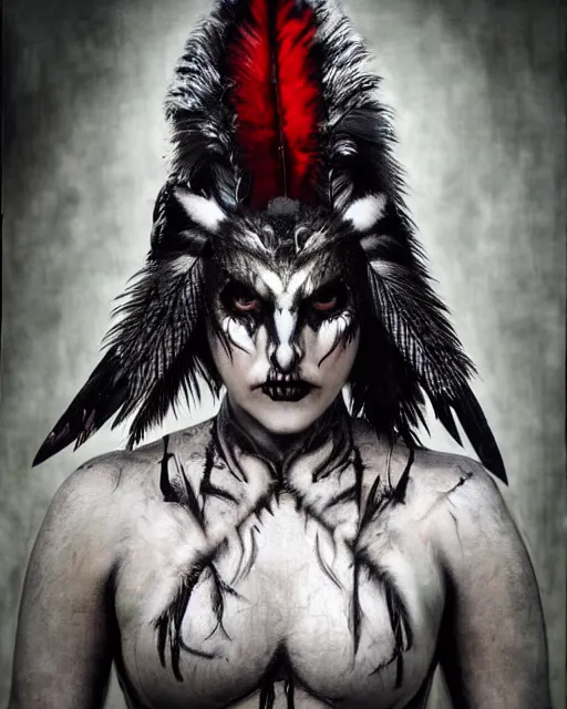 Image similar to wolf - human hybrid mutant ghost - spirit of the grim - warpaint wears the scarlet skull armor and native blood headdress feathers, midnight fog - mist!, dark oil painting colors, realism, cinematic lighting, various refining methods, micro macro autofocus, ultra definition, award winning photo, photograph by ghostwave - gammell - giger - shadowlord