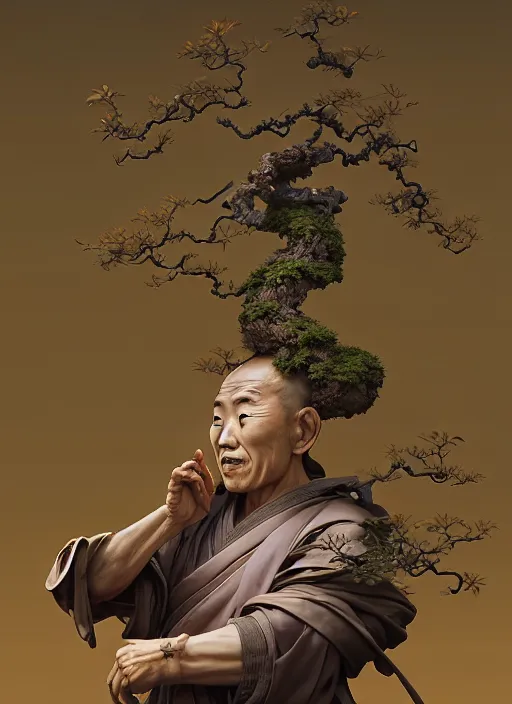 Image similar to shinto monk with a bonsai growing out of his head, intricate, rim light, octane render, by jesper ejsing, james jean, justin gerard, tomasz alen kopera, cgsociety and fenghua zhong, highly detailed, art, cinematic lighting, very coherent, hyper realism, high detail, 8 k