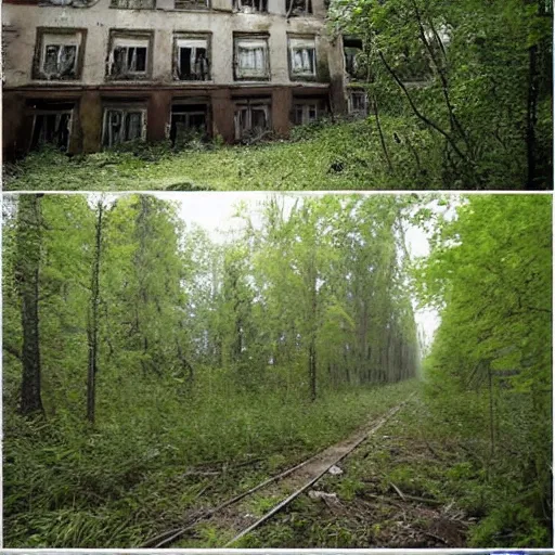 Image similar to an abandoned hospital overgrown and reclaimed by nature, Russian abandoned hospital