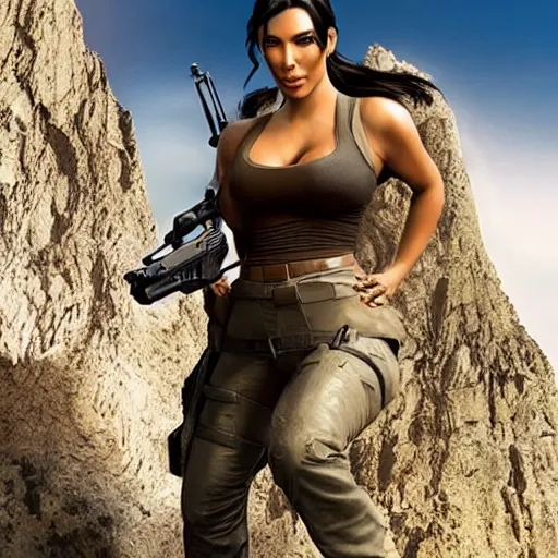 Prompt: A still of Kim Kardashian as Lara Croft