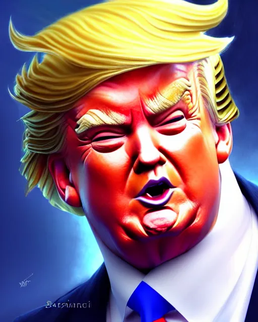Image similar to character concept art of donald trump as poseidon in a dynamic pose | cute - fine face, pretty face, realistic shaded perfect face, fine details by stanley artgerm lau, wlop, rossdraws, james jean, andrei riabovitchev, marc simonetti, and sakimichan, tranding on artstation