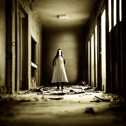 Prompt: a robed shadowy girl floating at the end of a long abandoned hallway. Dark grey lighting, blurry, terrifying, eerie, creepy, blurry