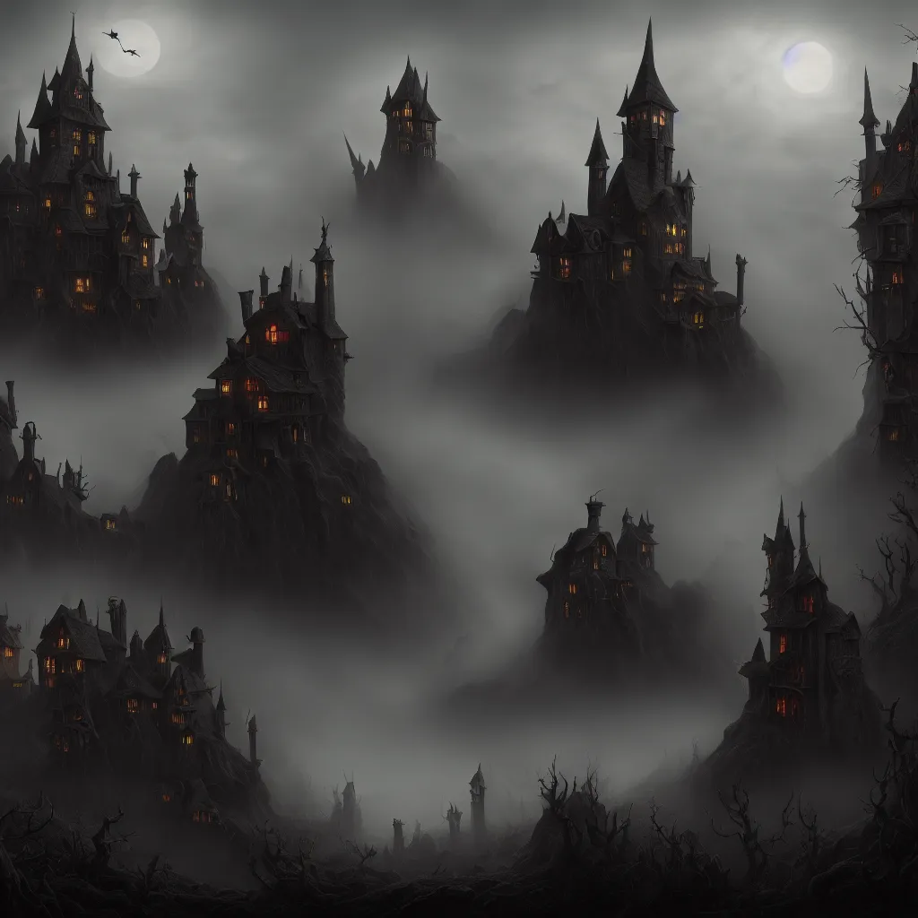 Prompt: evil witches, a detailed matte painting, fantasy, foggy, dark, 8 k