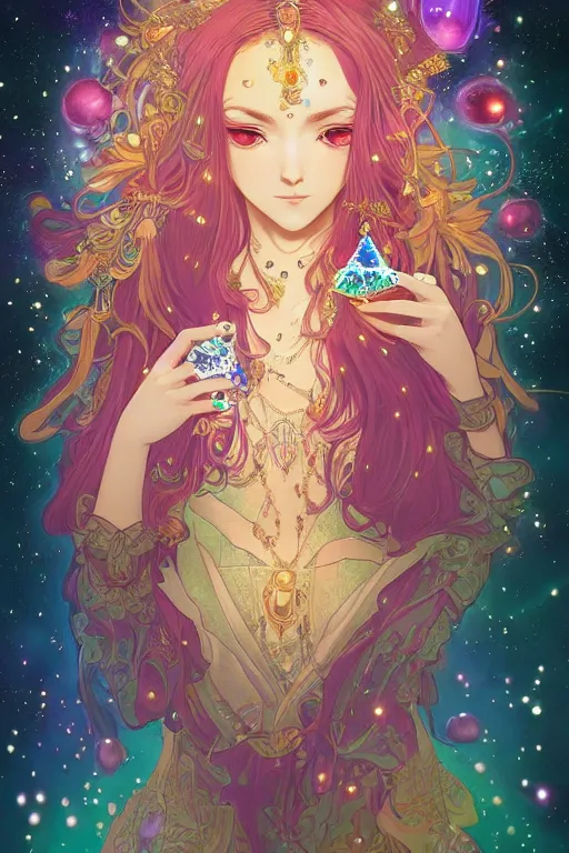 Image similar to psychedelic, intricate, highly detailed, anime, 4k, beautiful seductive woman holding a crystal containing the universe, with professional makeup, long trippy hair, surrounded by gems, underneath the stars, trending on patreon, deviantart, twitter, artstation, volumetric lighting, heavy contrast, by artgerm and Ilya Kuvshinov and alphonse mucha