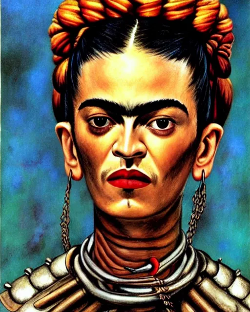 Image similar to portrait of a skinny punk frida kahlo wearing armor by simon bisley, john blance, frank frazetta, fantasy, thief warrior