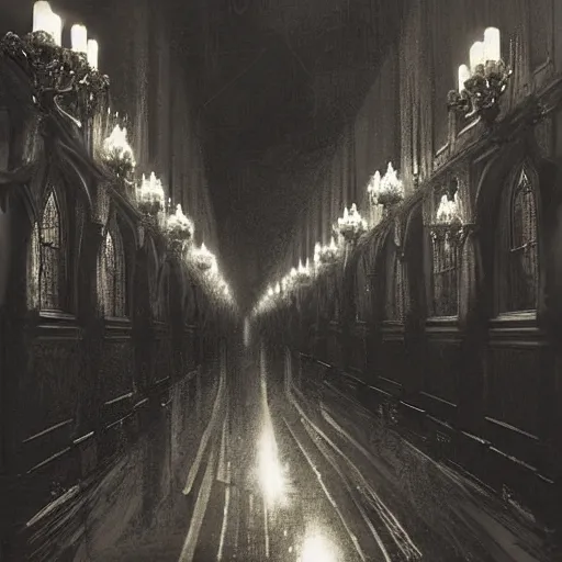 Image similar to a long hallway of mirrors. victorian interior, with many mirrors, elegant design, haunting atmosphere, dark lighting, gothic, horror style, scary, swirling fog, volumetric lighting, by greg rutkowski, realistic, dutch angle,