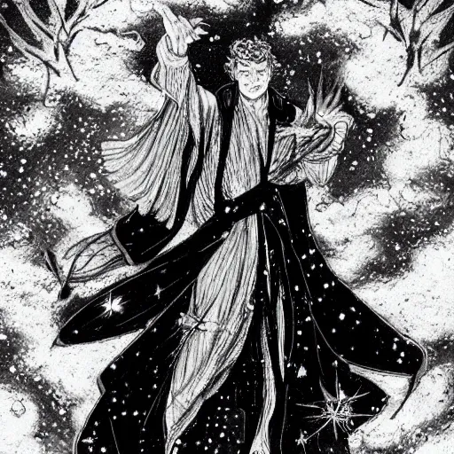 Image similar to black and white pen and ink!!!!!!! Young Guy Madison wearing cosmic space robes made of stars final form flowing royal!!! mage hair golden!!!! Vagabond!!!!!!!! floating magic swordsman!!!! glides through a beautiful!!!!!!! Camellia!!!! Tsubaki!!! death-flower!!!! battlefield behind!!!! dramatic esoteric!!!!!! Long hair flowing dancing illustrated in high detail!!!!!!!! by Moebius and Hiroya Oku!!!!!!!!! graphic novel published on 2049 award winning!!!! full body portrait!!!!! action exposition manga panel black and white Shonen Jump issue by David Lynch eraserhead and beautiful line art Hirohiko Araki!! Rossetti, Millais, Mucha, Kentaro Miura, Jojo's Bizzare Adventure!!