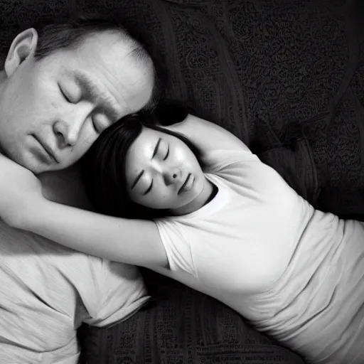 Prompt: a white man and a Chinese woman soundly asleep