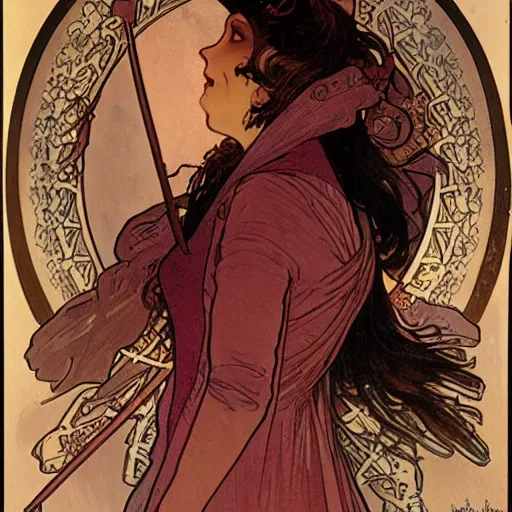 Image similar to Illustration by Alphonse Mucha of a female vampire