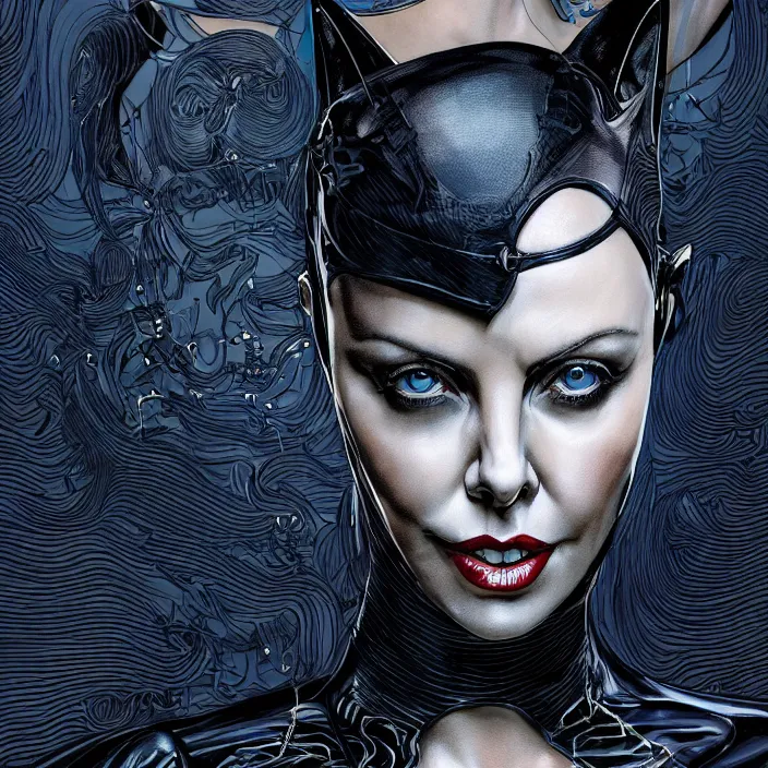 Image similar to portrait of charlize theron as a catwoman. batman 1 9 8 9. intricate abstract. intricate artwork. by tooth wu, wlop, beeple, dan mumford. octane render, trending on artstation, greg rutkowski very coherent symmetrical artwork. cinematic, hyper realism, high detail, octane render, 8 k, iridescent accents. michelle pfeiffer