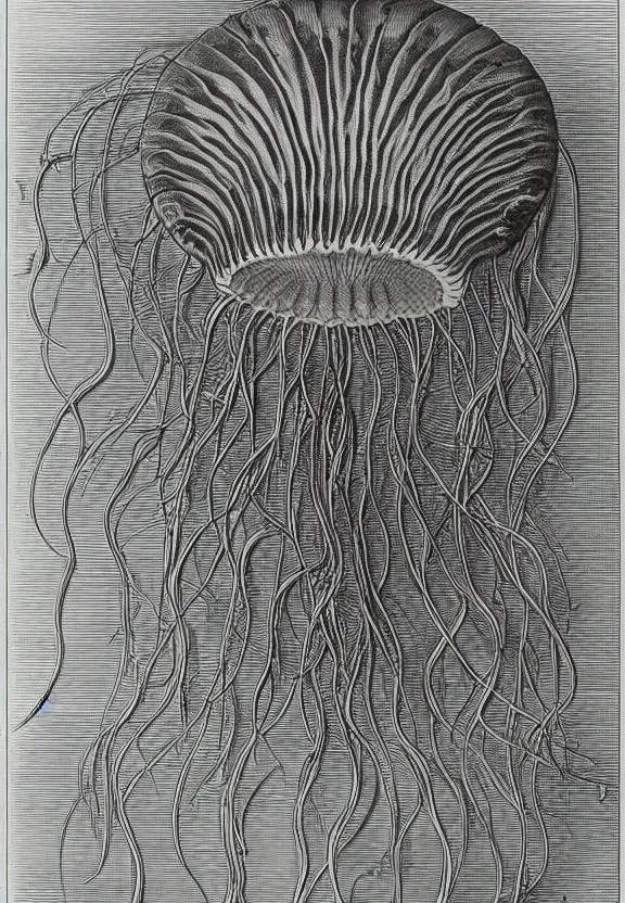 Prompt: historic scientific illustration of a species of jellyfish by ernst haeckel marry