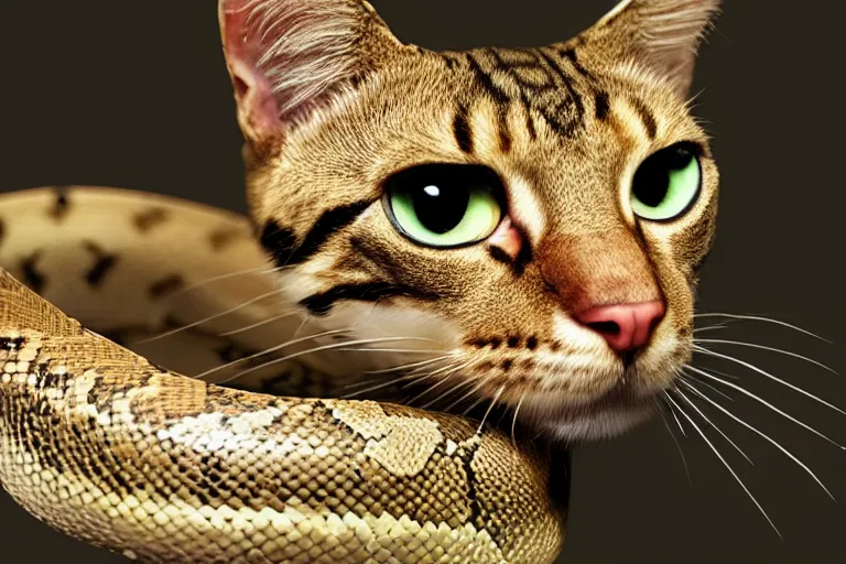 Prompt: A snake with a cat's head, photorealistic imagery, 8k quality