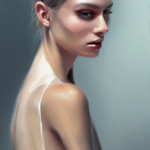 Image similar to a vogue model, oil painting, pale colors, high detail, 8 k, wide angle, trending on artstation,