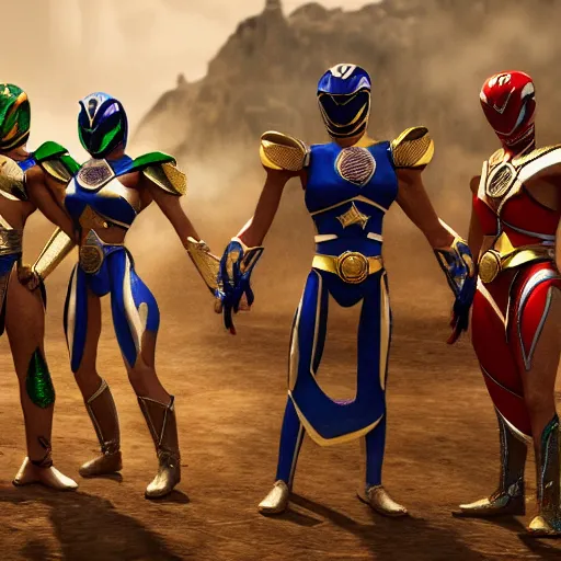 Image similar to a mayan power rangers, artstation , unreal engine 5, epic lighthing