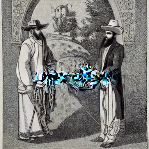 Prompt: bearded cowboy and persian emir standing in a palatial garden, persian folkore illustration