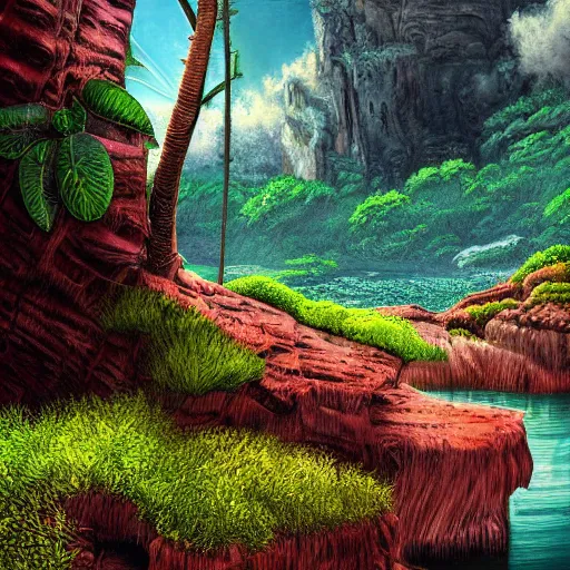 Image similar to digital painting of a lush natural scene on an alien planet by harlew flume. digital render. detailed. beautiful landscape. colourful weird vegetation. cliffs and water.