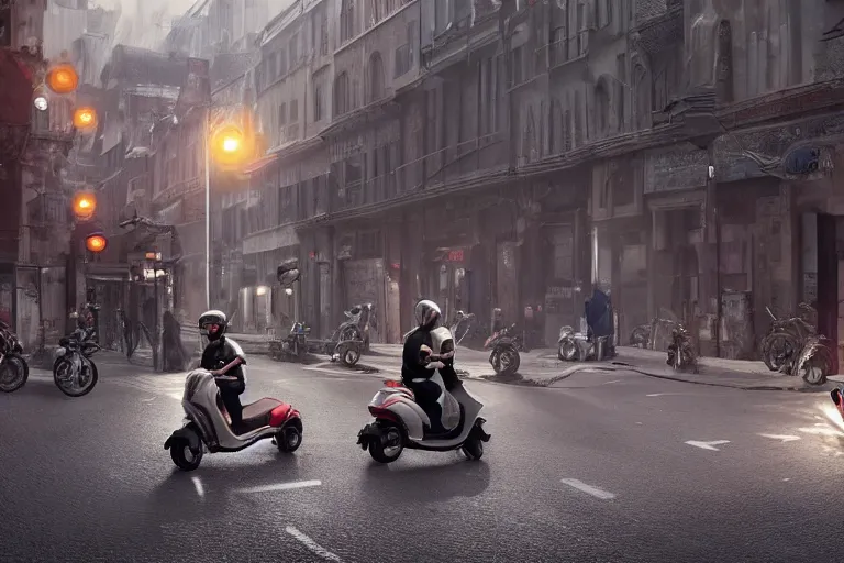 Prompt: moped scooter racing on the street, hyper realistic, very detailed, dramatic scene, realistic lighting, dark fantasy, 4 k, in the style of greg rutkowski