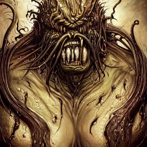 Image similar to Dark fantasy Painting of a hulking muscular demonic flesh creature covered in boils with drool dripping from its mouth, hr giger muscles, tentacles growing from its face, disgusting, creepy, unsettling, horror, upper body, intricate, wild, highly detailed, digital painting, artstation, concept art, smooth, sharp focus, illustration, art by artgerm and greg rutkowski and alphonse mucha