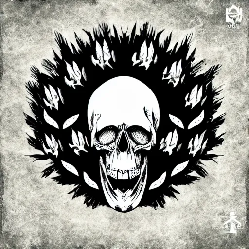 Image similar to dark death metal themed vector illustration for a record label, trees. forest, spikes, skull, microphone, skull, award winning, grunge, iconic, golden ratio