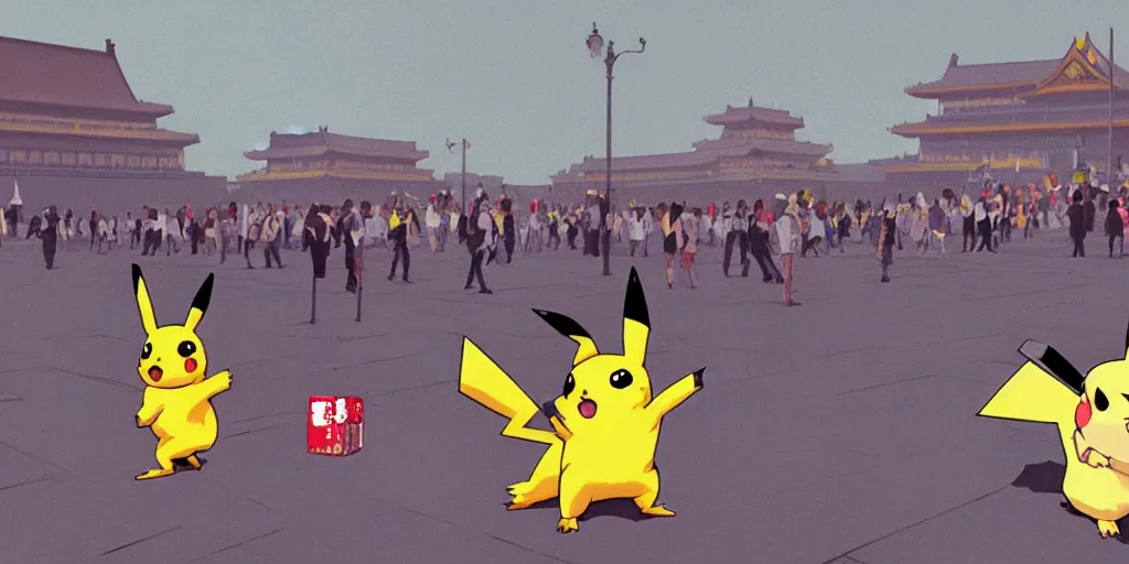 Prompt: Pikachu comes to Tiananmen Square, by phil hale, ashley wood, medium shot, cinematic lighting, high detail