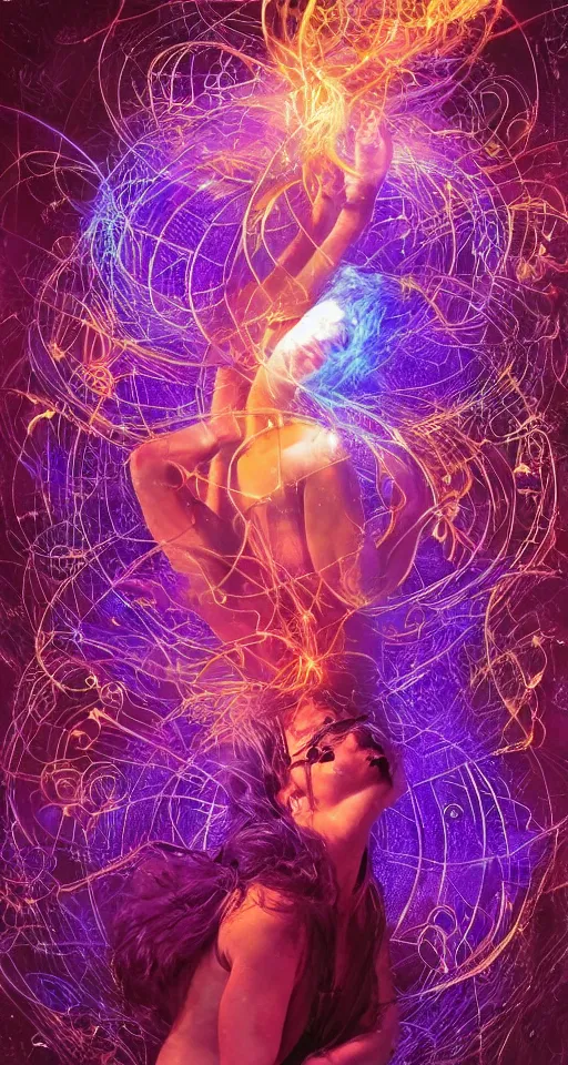 Prompt: she dreams of arcs of purple flame intertwined with glowing sparks, glinting particles of ice, dramatic lighting, steampunk, bright neon, secret holographic cyphers, red flowers, solar flares, high contrast, smooth, sharp focus, art nouveau, intricate art by Annie Liebowitz