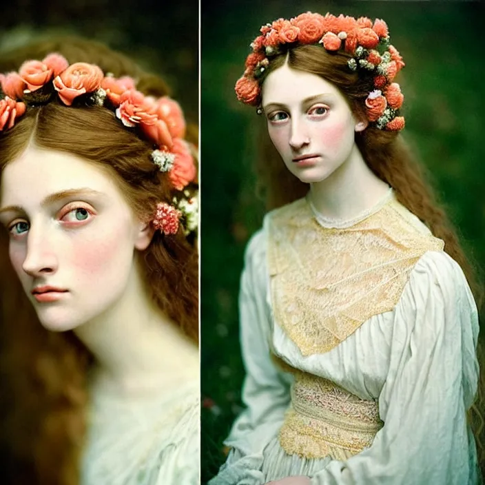 Image similar to Kodak Portra 400, 8K, soft light, volumetric lighting, highly detailed, britt marling style 3/4 ,portrait photo of a beautiful woman how pre-Raphaelites painter, a beautiful lace dress and detailed flowers adorning her hair, and ethereal coral and shells dress ,white pearls on her beautiful face, Realistic, Refined, Highly Detailed, natural outdoor soft pastel lighting colors scheme, outdoor fine art photography, Hyper realistic, photo realistic