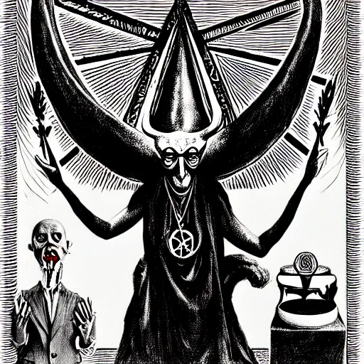 Prompt: graphic illustration, creative design, aleister crowley as baphomet, biopunk, francis bacon, highly detailed, hunter s thompson, concept art